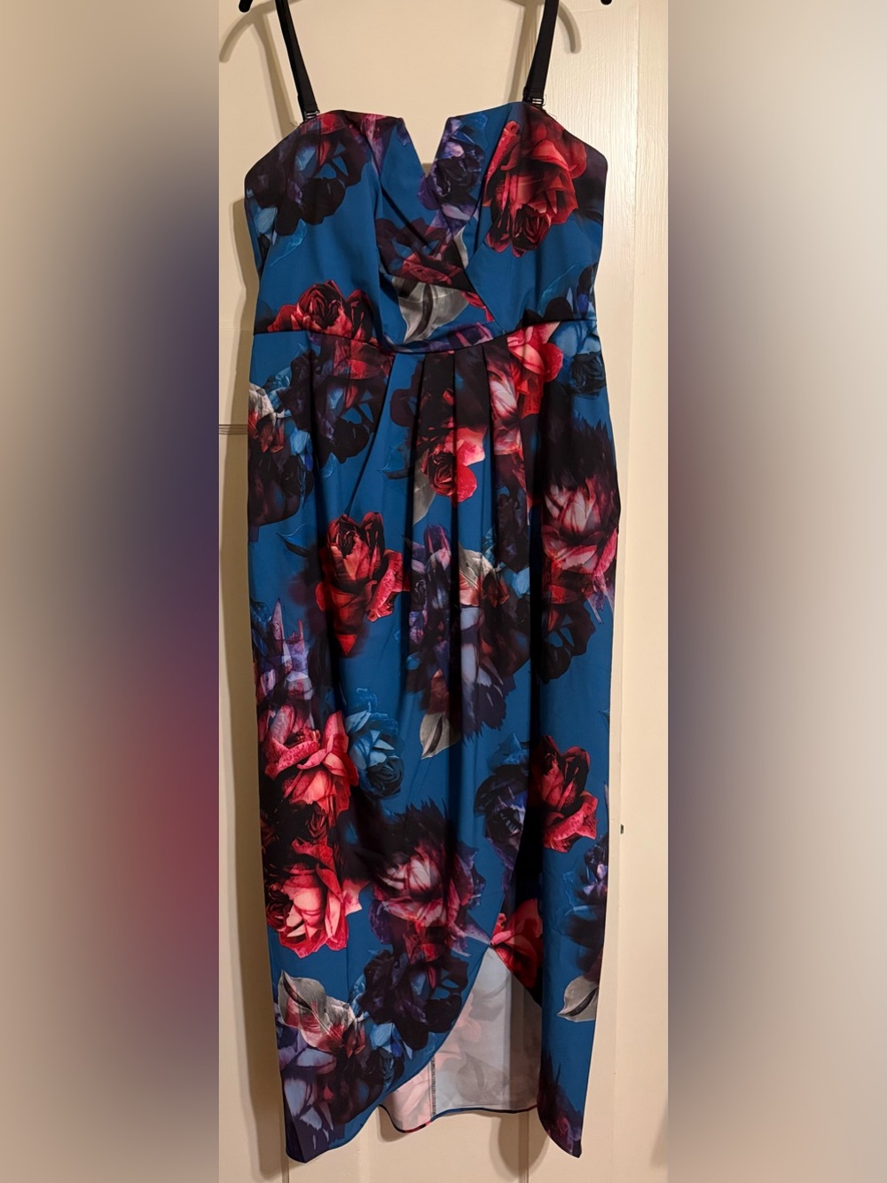 City Chic Blue Floral Spaghetti-Strap Midi Dress Pink Roses & Removeable Straps